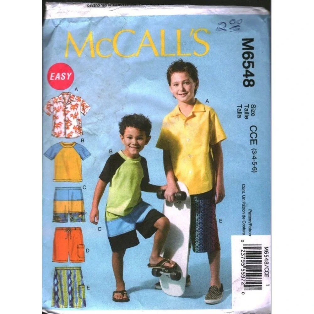 McCall's M6548 Boys Sewing Pattern Shirt Top Shorts Size 3 4 Easy Summer DIY